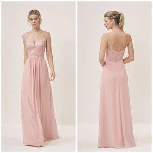 Long V-neck Lace & Georgette Bridesmaid Dress with Spaghetti Straps